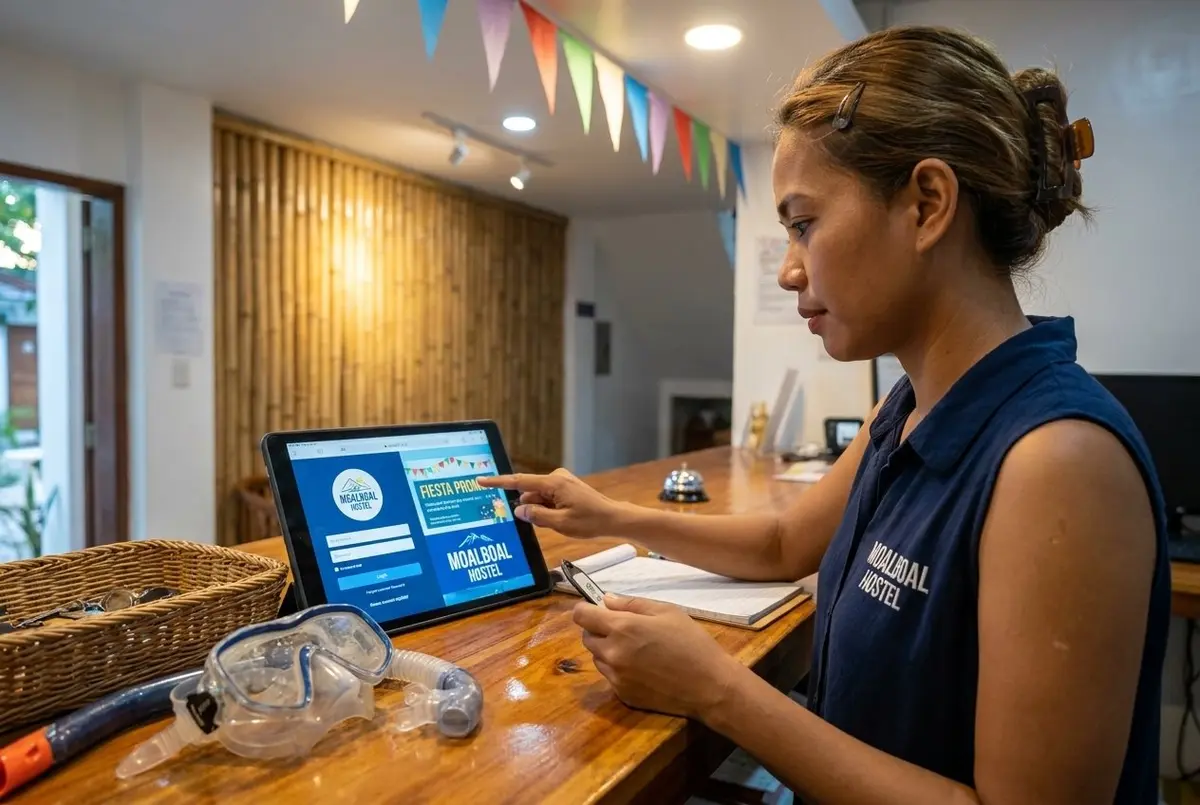 Captive portal login page na may sariling pangalan at promo ng isang hostel